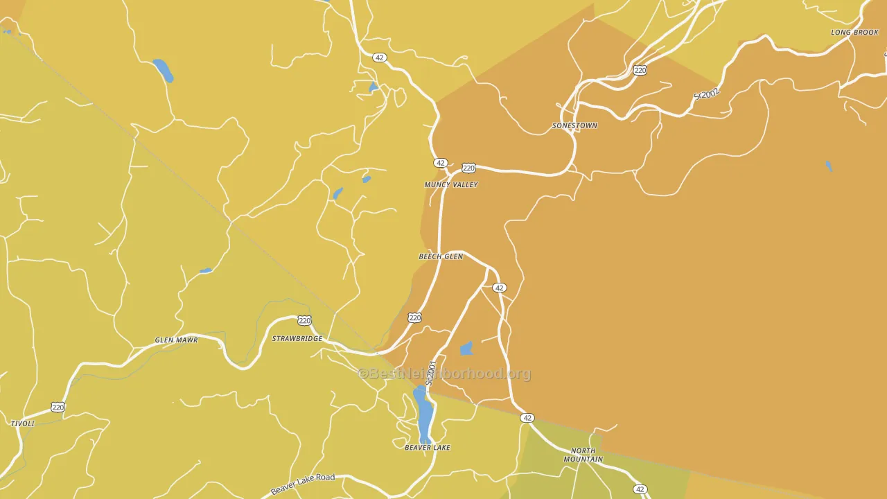 Map of the best neighborhoods in the Muncy Valley area, with better matches in green and worse matches in red