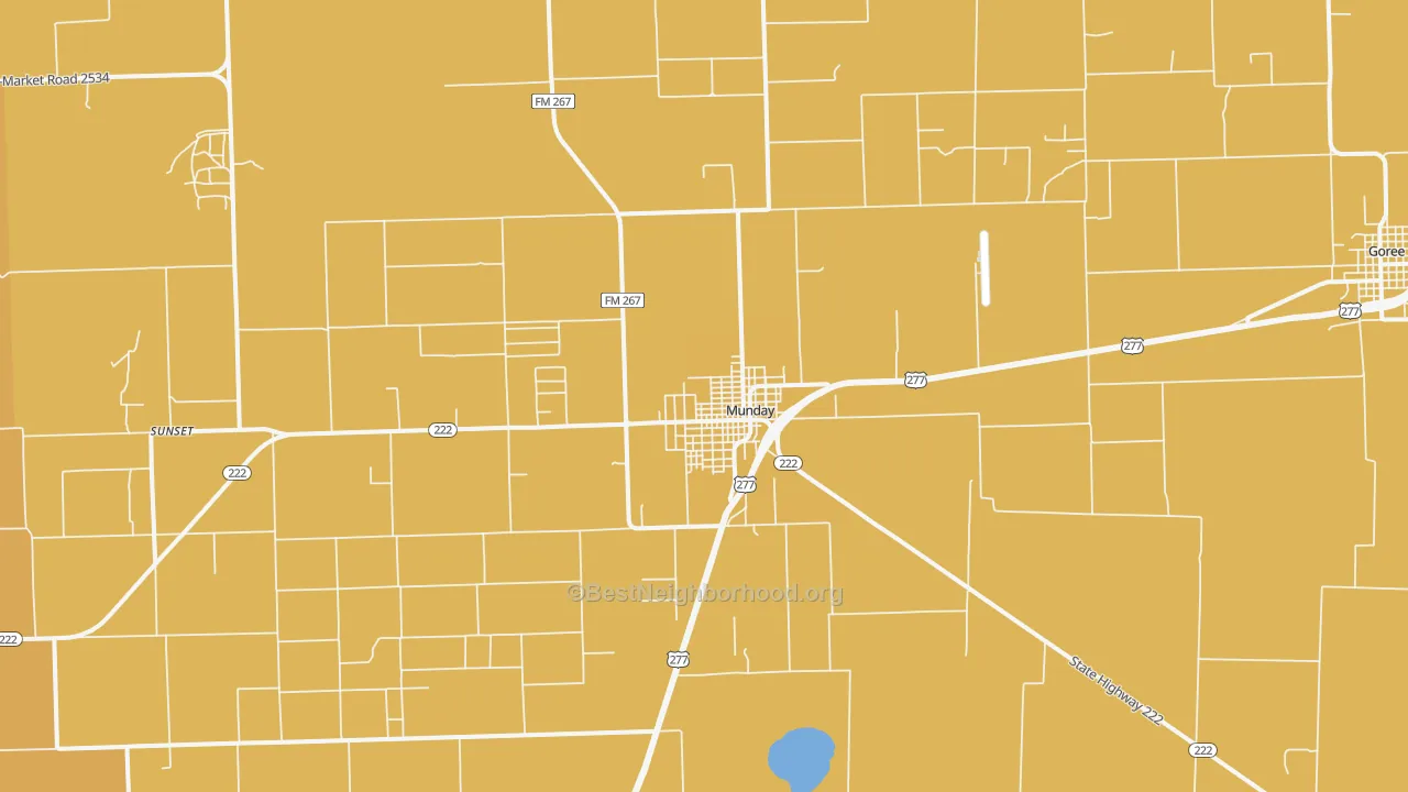 Map of the best neighborhoods in the Munday area, with better matches in green and worse matches in red