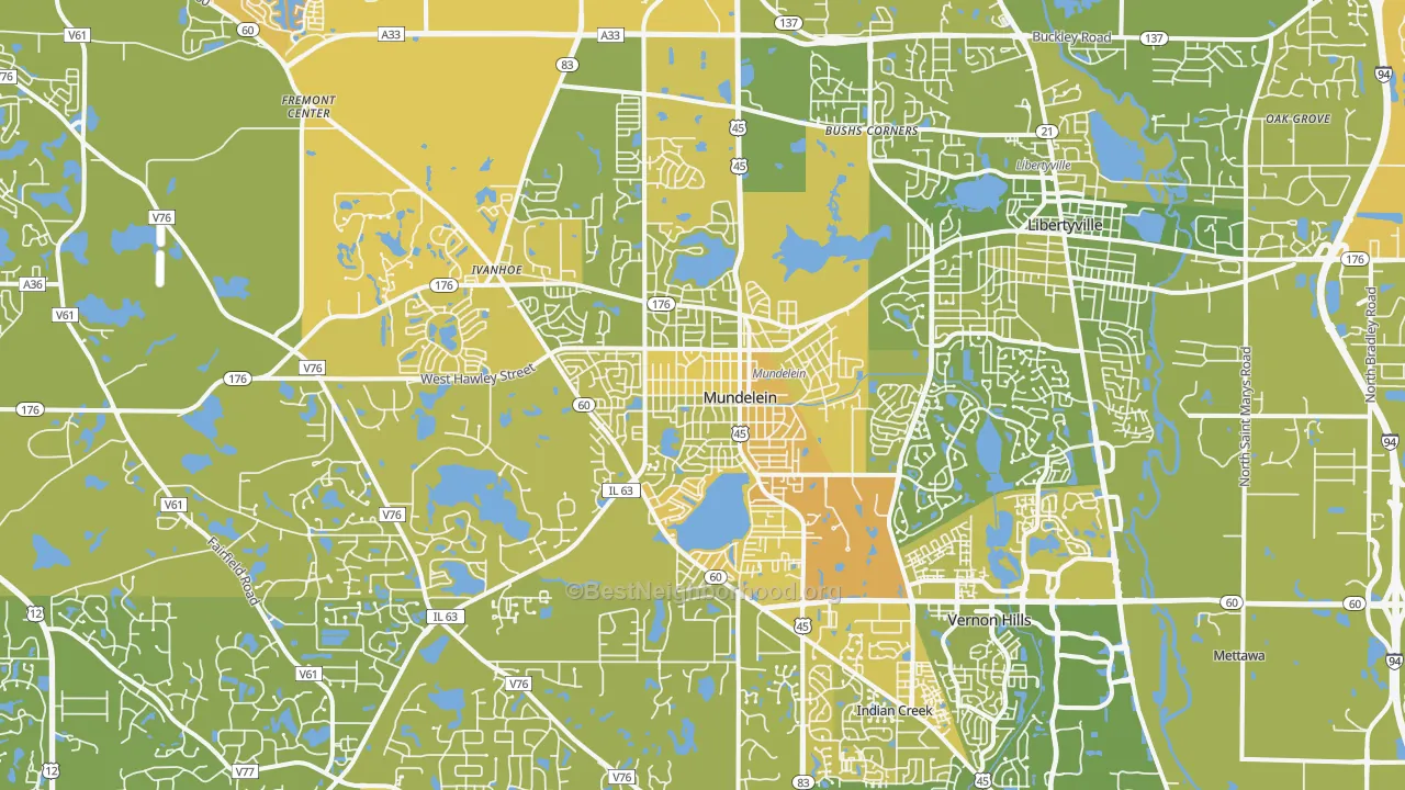 Map of the best neighborhoods in the Mundelein area, with better matches in green and worse matches in red