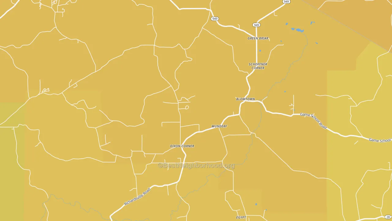 Map of the best neighborhoods in the Munderf area, with better matches in green and worse matches in red