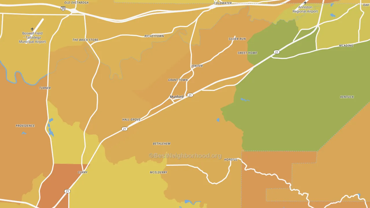 Map of the best neighborhoods in the Munford area, with better matches in green and worse matches in red