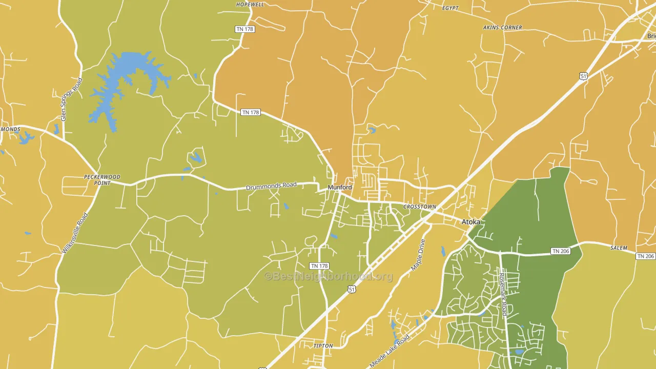 Map of the best neighborhoods in the Munford area, with better matches in green and worse matches in red