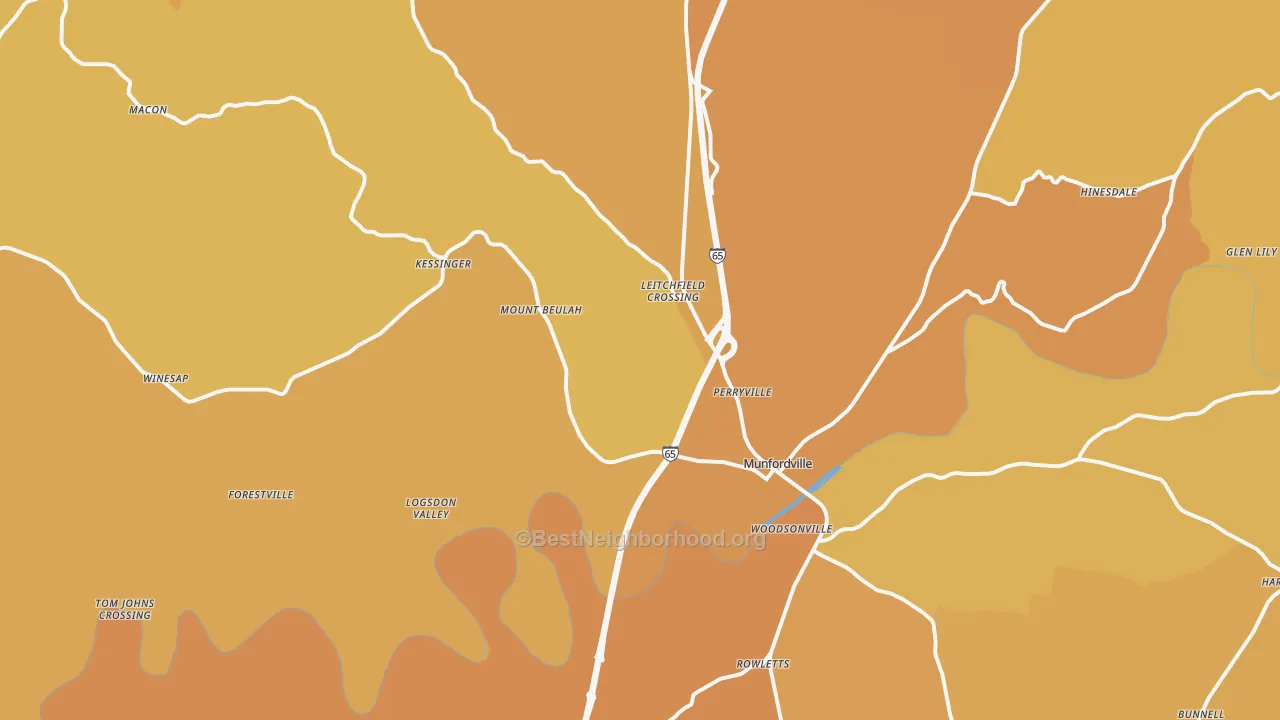 Map of the best neighborhoods in the Munfordville area, with better matches in green and worse matches in red