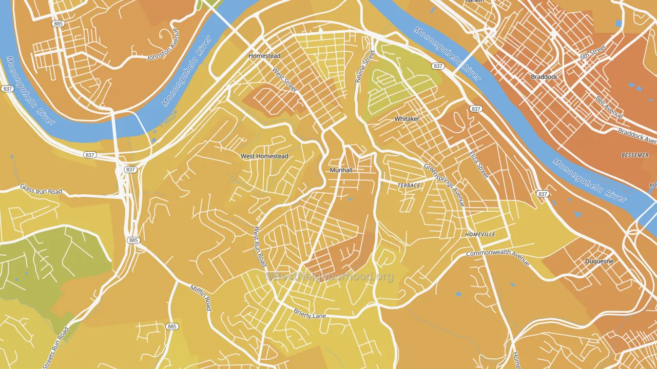 Map of the best neighborhoods in the Munhall area, with better matches in green and worse matches in red