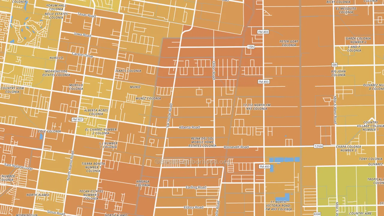 Map of the best neighborhoods in the Muniz area, with better matches in green and worse matches in red