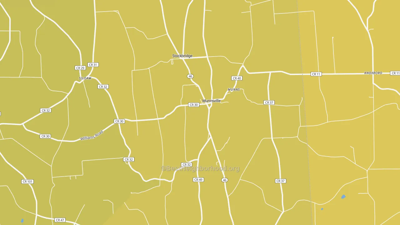 Map of the best neighborhoods in the Munnsville area, with better matches in green and worse matches in red