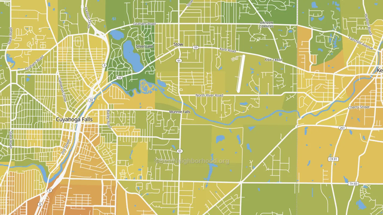 Map of the best neighborhoods in the Munroe Falls area, with better matches in green and worse matches in red
