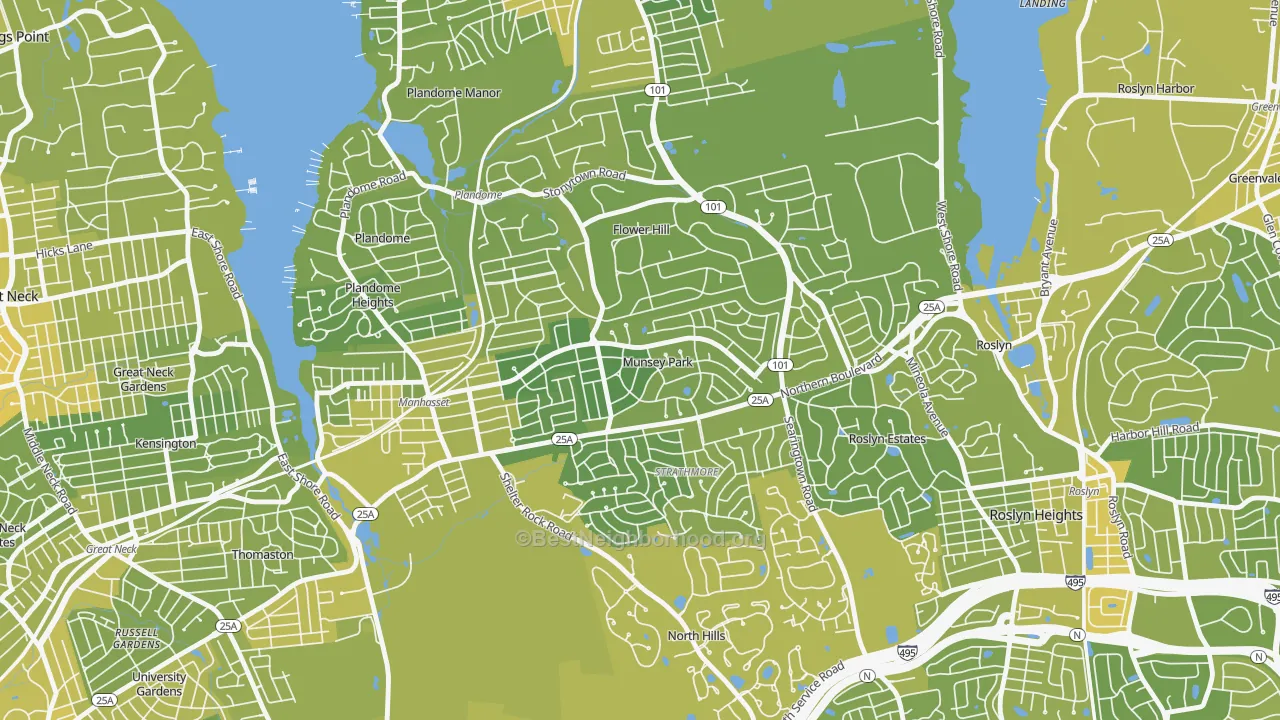 Map of the best neighborhoods in the Munsey Park area, with better matches in green and worse matches in red