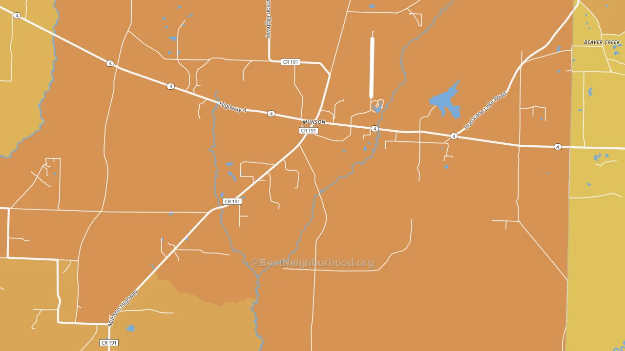 Map of the best neighborhoods in the Munson area, with better matches in green and worse matches in red