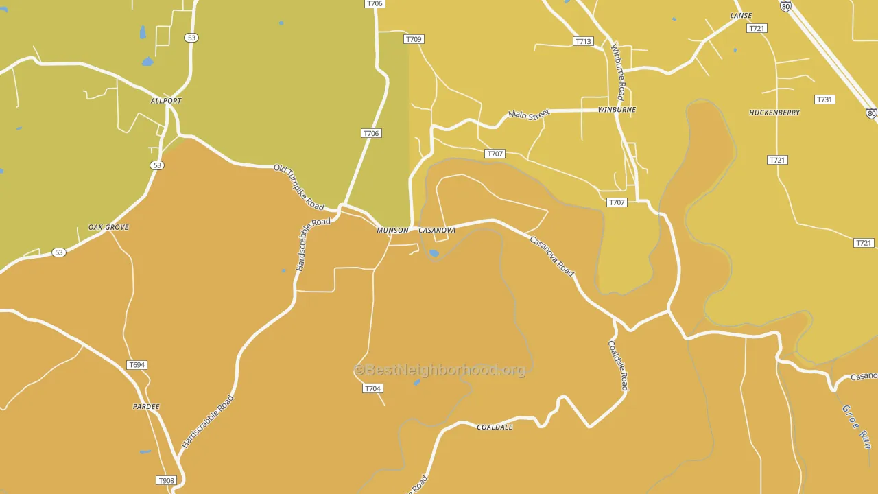 Map of the best neighborhoods in the Munson area, with better matches in green and worse matches in red