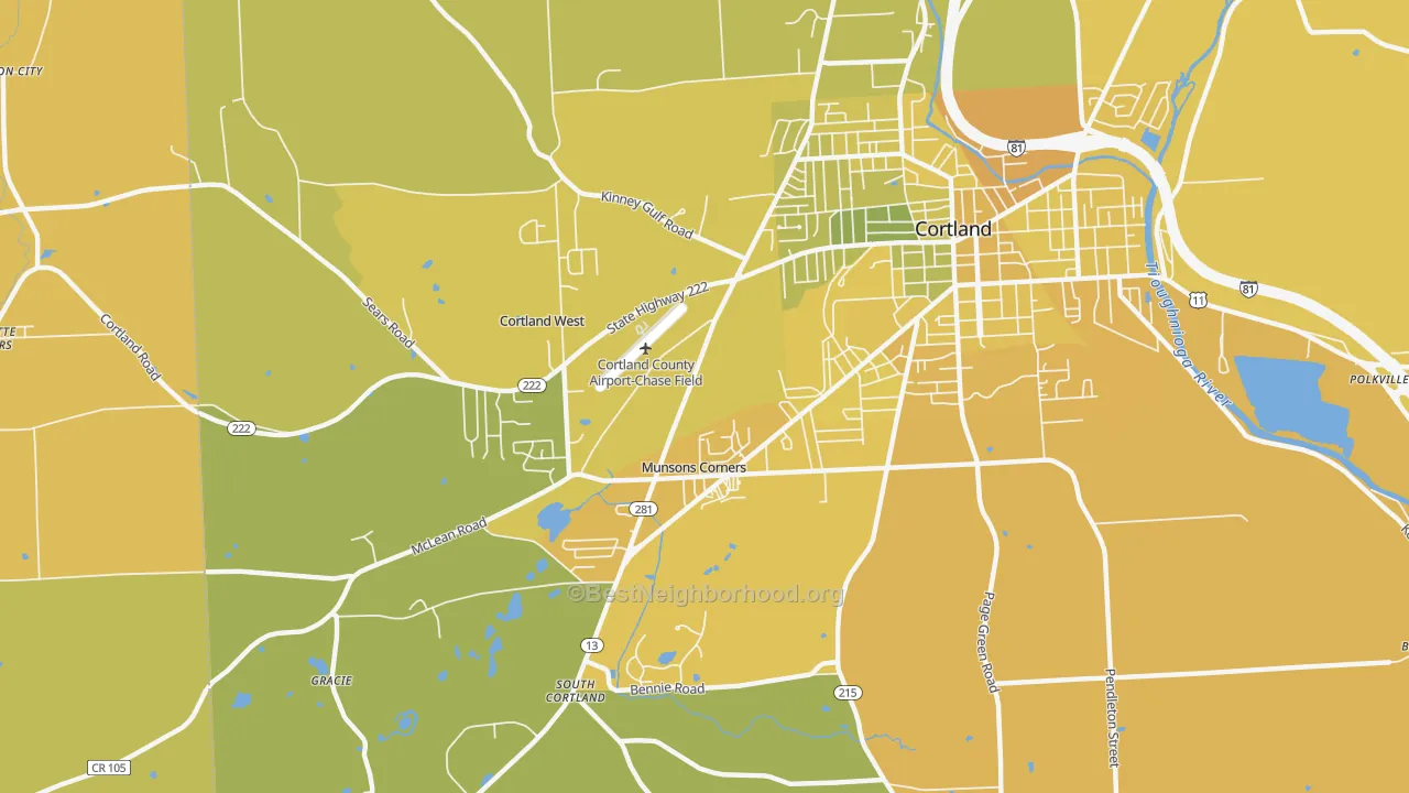 Map of the best neighborhoods in the Munsons Corners area, with better matches in green and worse matches in red