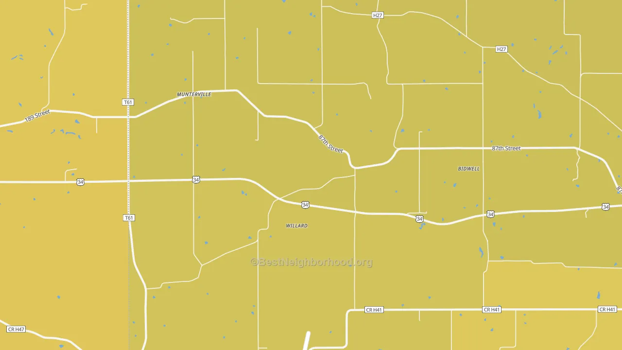 Map of the best neighborhoods in the Munterville area, with better matches in green and worse matches in red