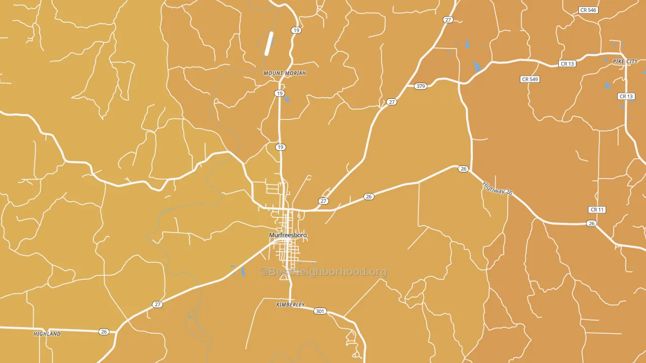 Map of the best neighborhoods in the Murfreesboro area, with better matches in green and worse matches in red