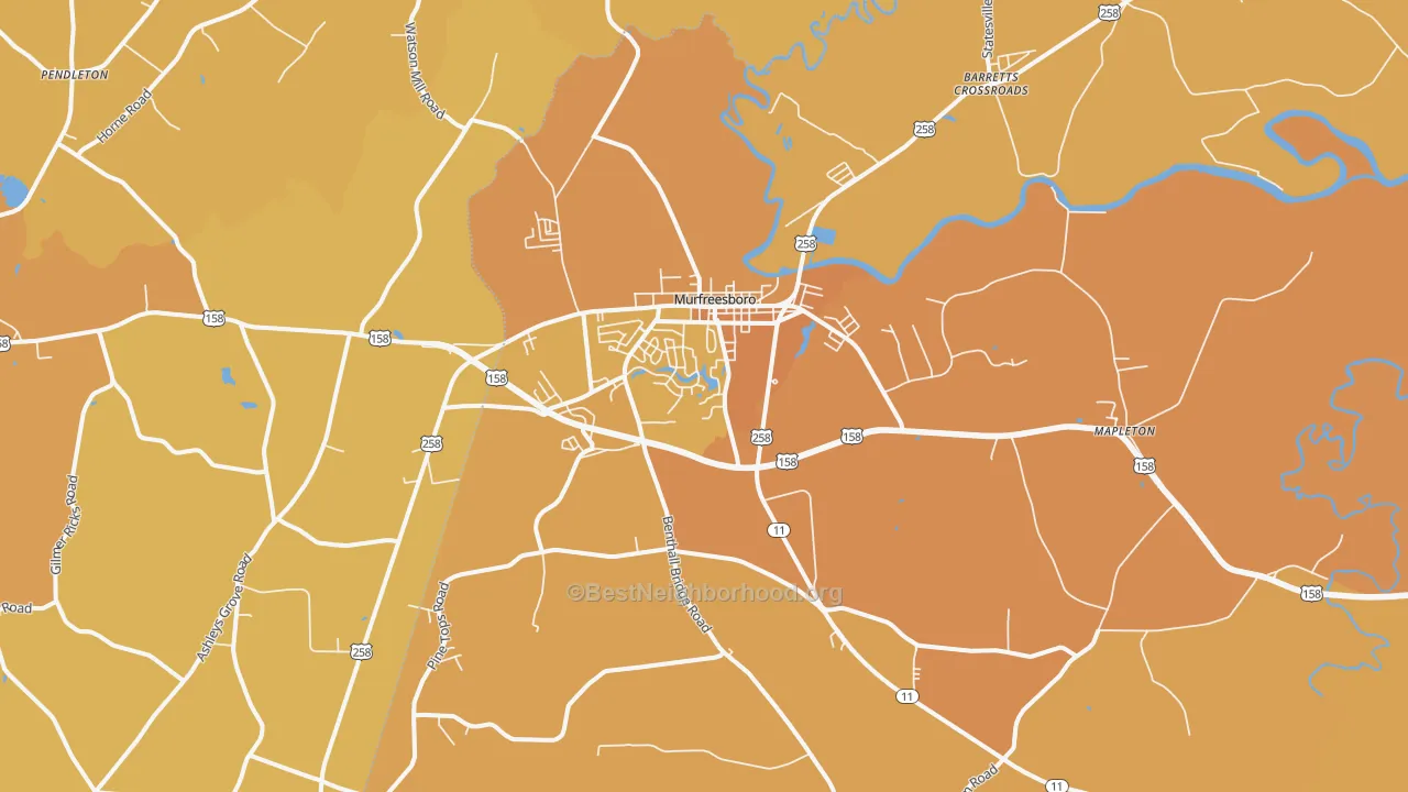 Map of the best neighborhoods in the Murfreesboro area, with better matches in green and worse matches in red