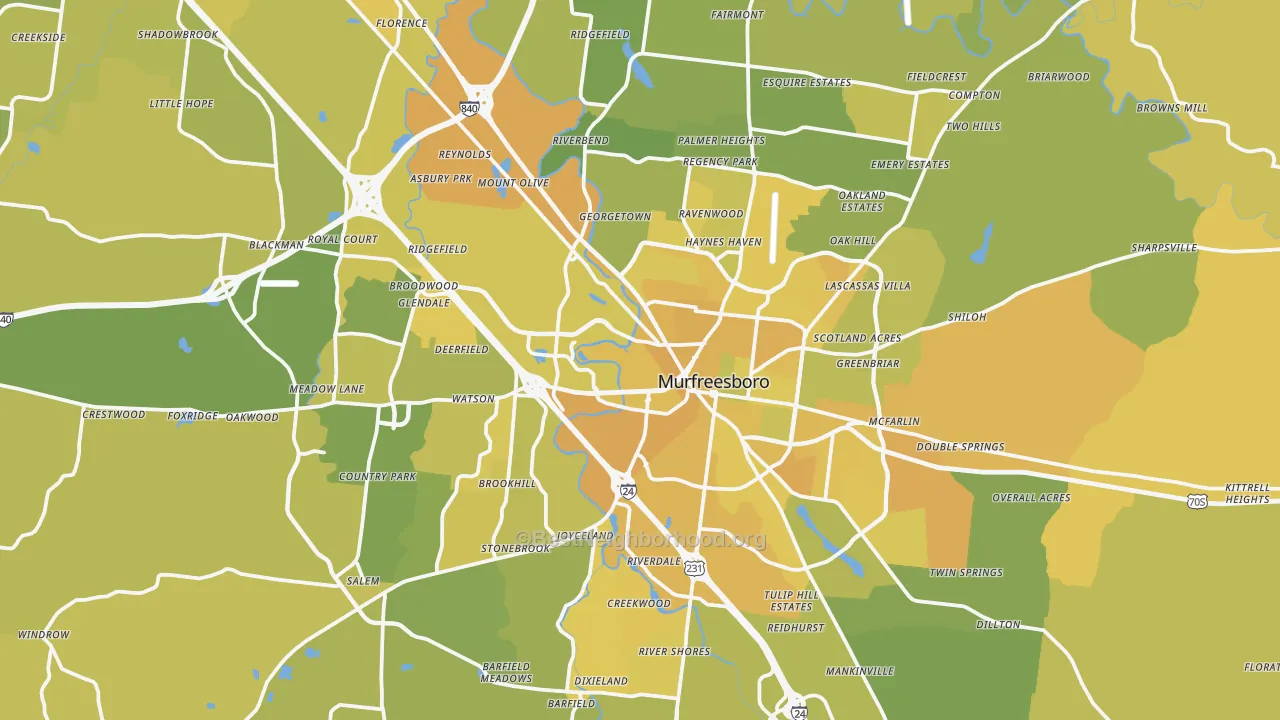 Map of the best neighborhoods in the Murfreesboro area, with better matches in green and worse matches in red