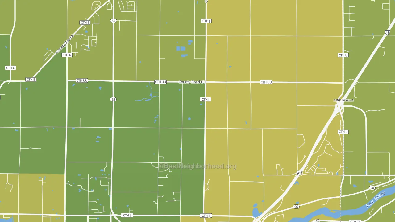 Map of the best neighborhoods in the Murphy Corner area, with better matches in green and worse matches in red