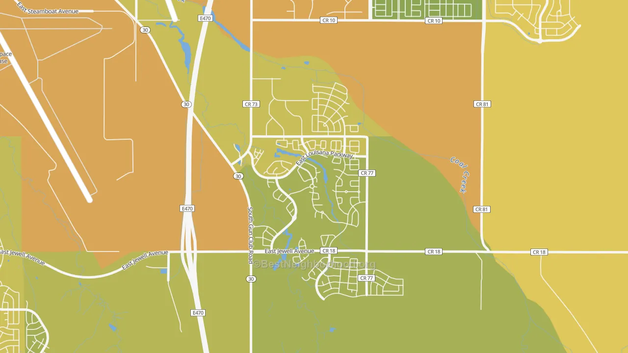 Map of the best neighborhoods in the Murphy Creek, Aurora area, with better matches in green and worse matches in red