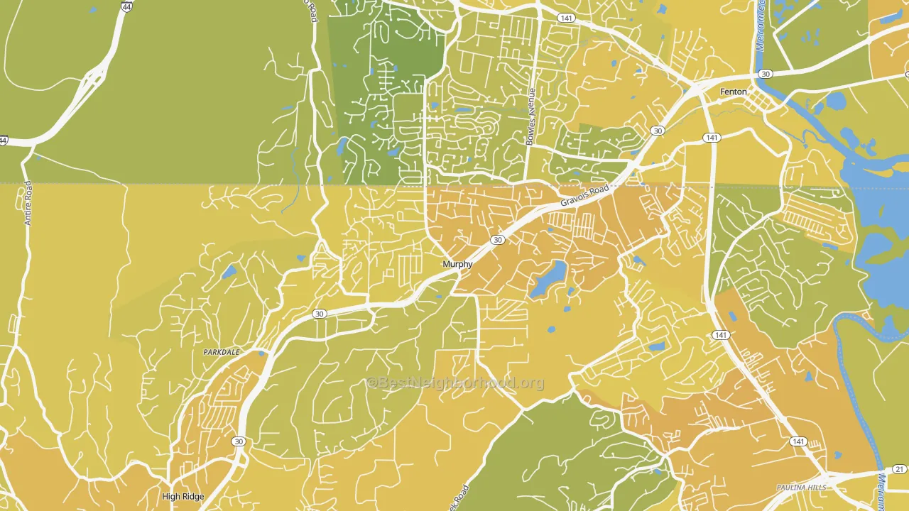 Map of the best neighborhoods in the Murphy area, with better matches in green and worse matches in red