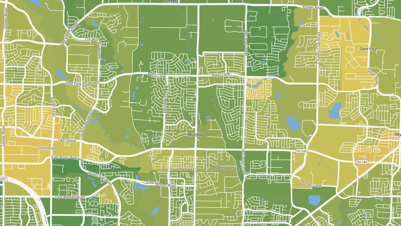 Map of the best neighborhoods in the Murphy area, with better matches in green and worse matches in red