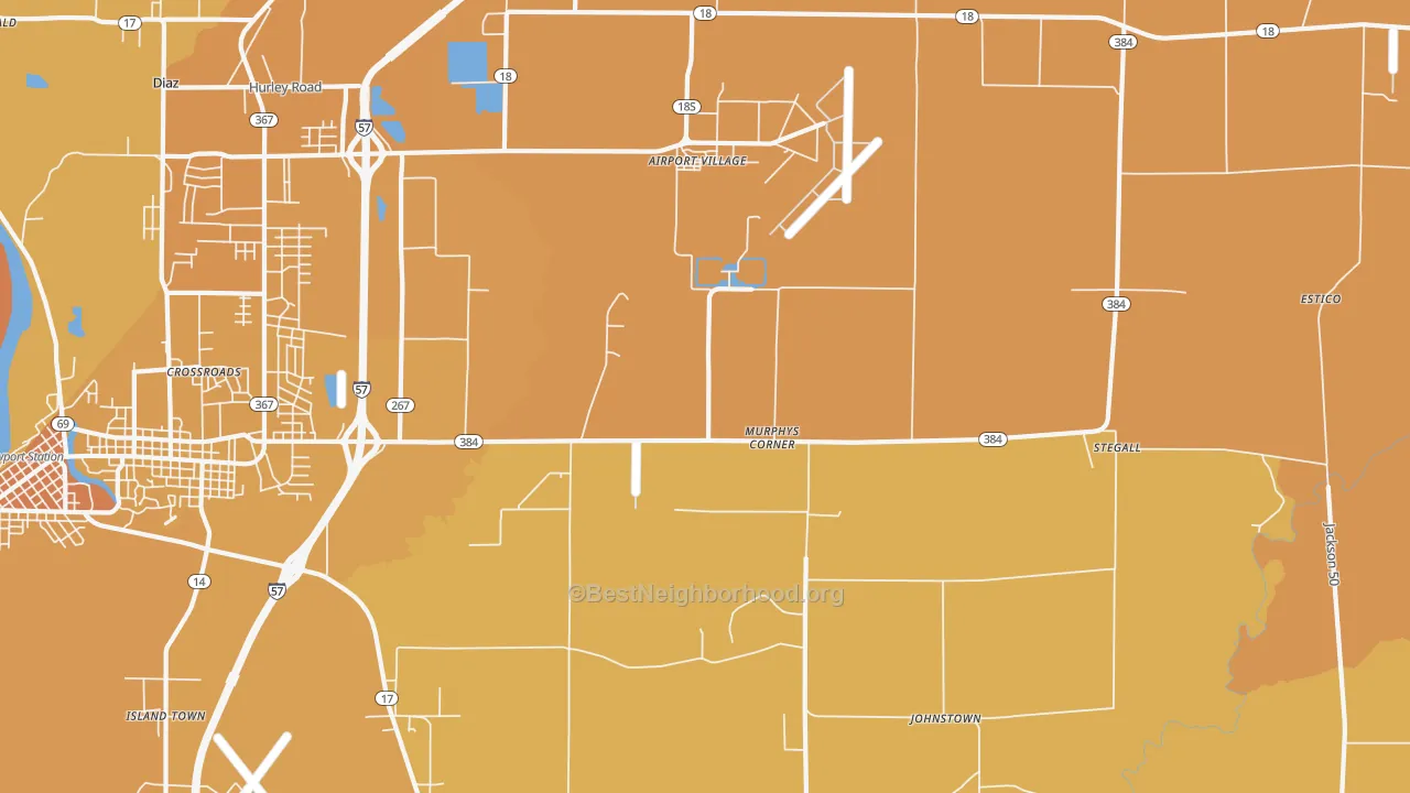 Map of the best neighborhoods in the Murphys Corner area, with better matches in green and worse matches in red
