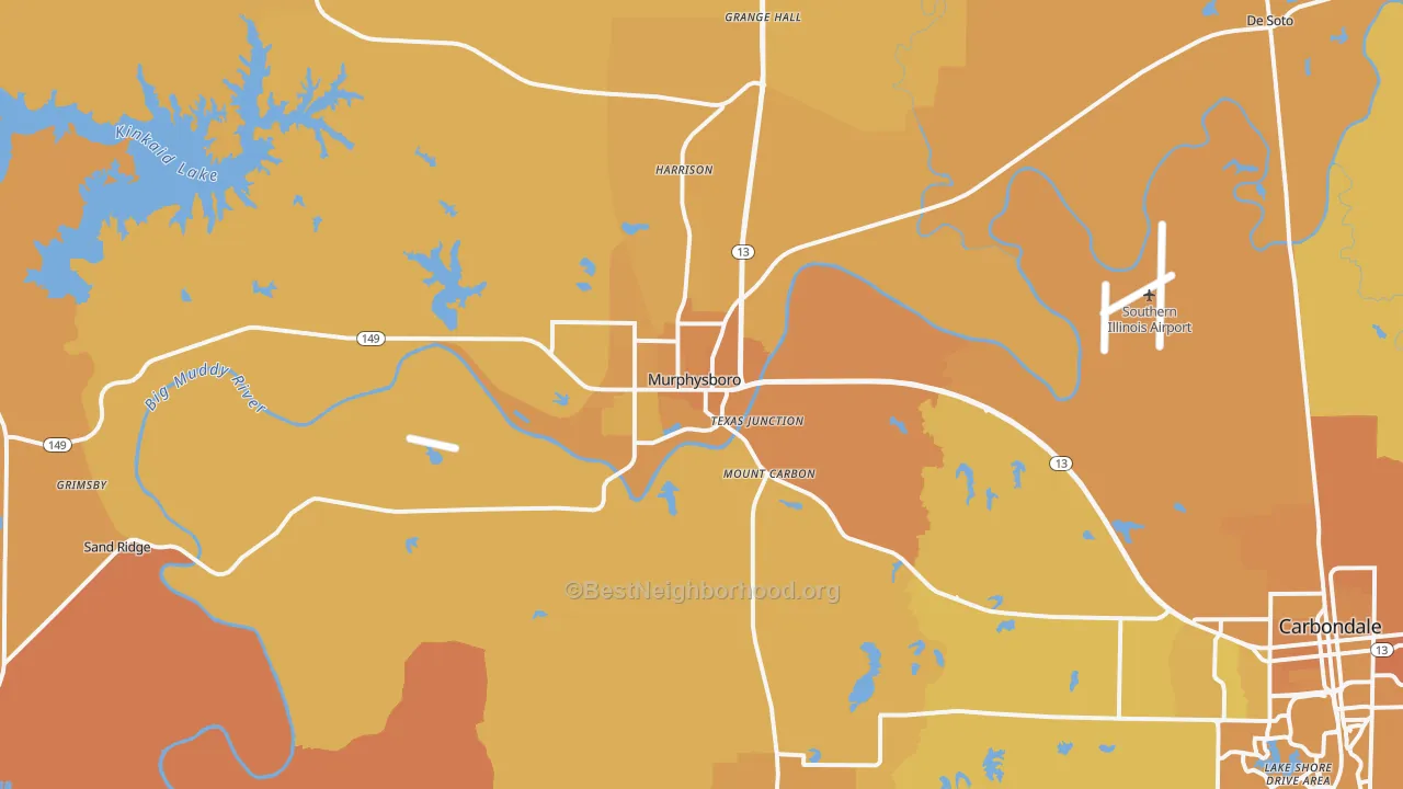 Map of the best neighborhoods in the Murphysboro area, with better matches in green and worse matches in red