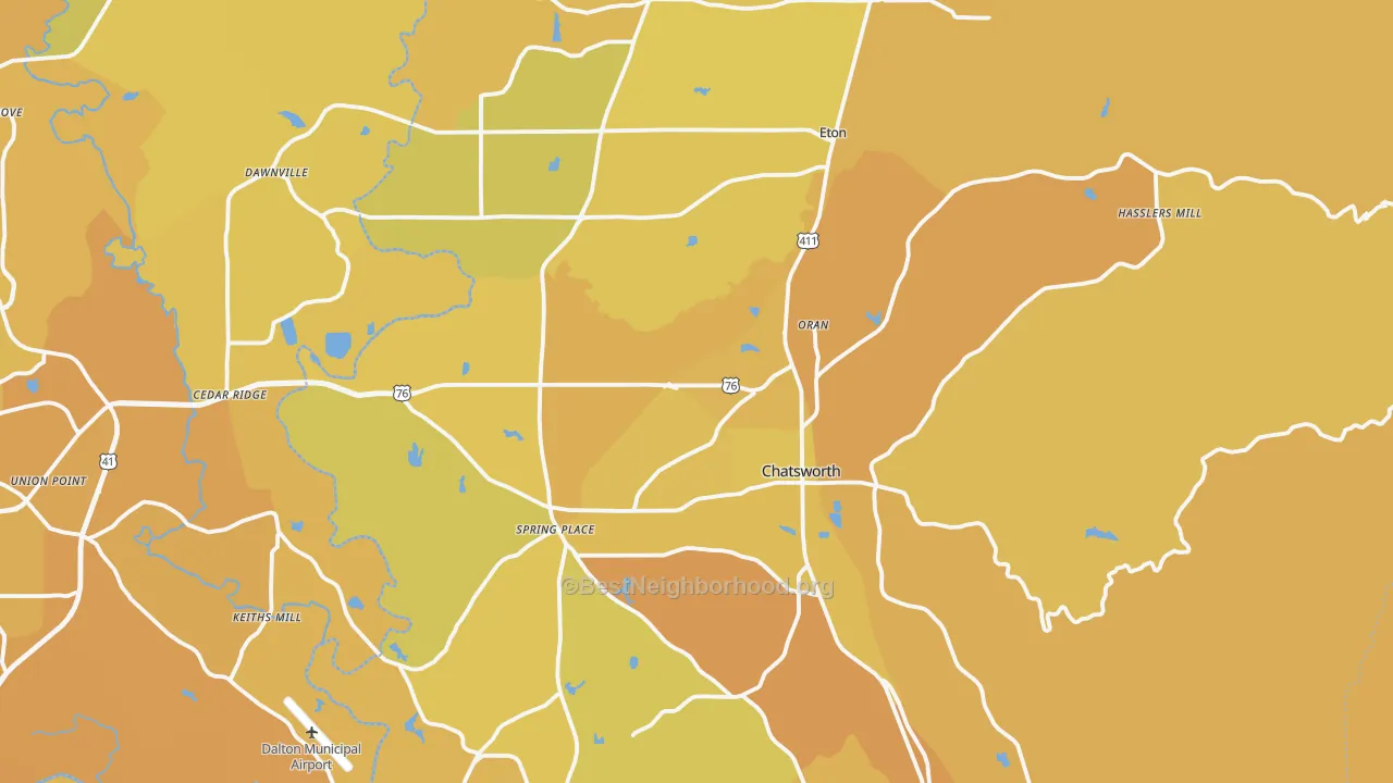Map of the best neighborhoods in the Murray County area, with better matches in green and worse matches in red
