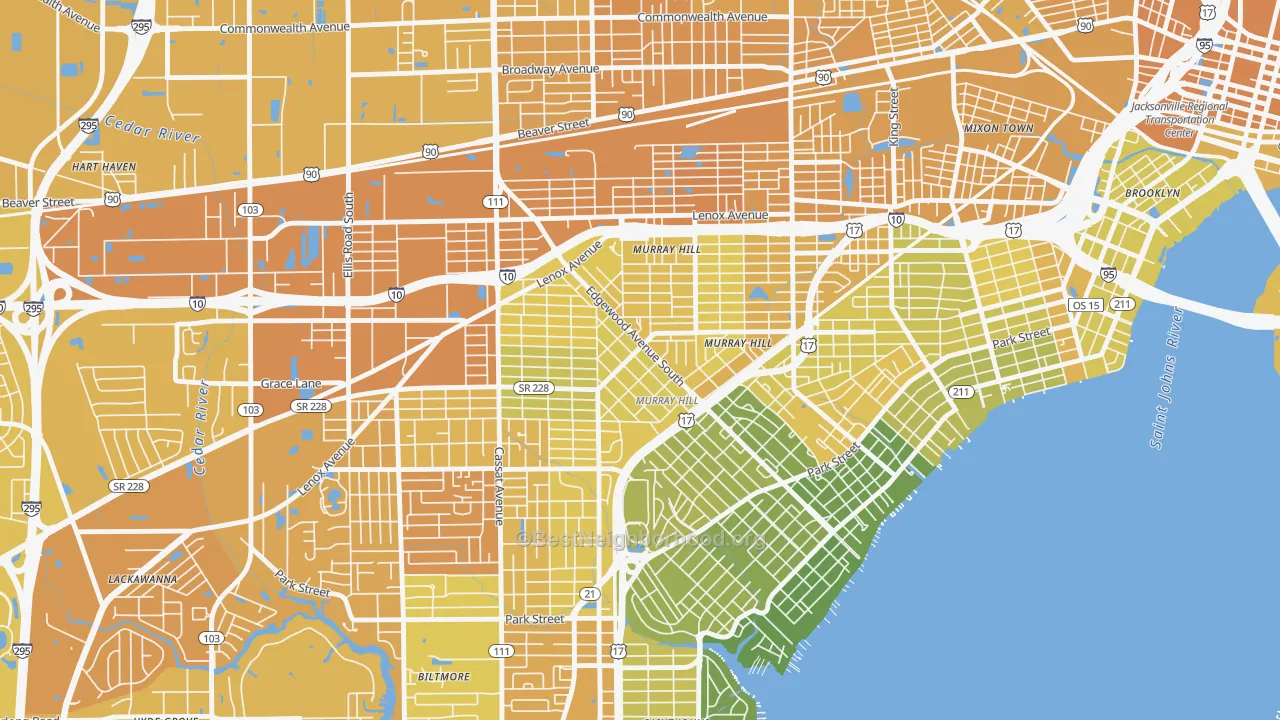 Map of the best neighborhoods in the Murray Hill, Jacksonville area, with better matches in green and worse matches in red