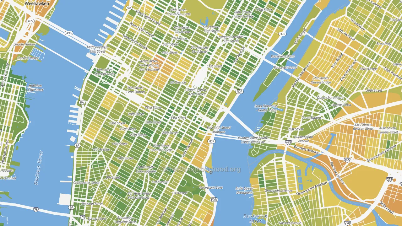 Map of the best neighborhoods in the Murray Hill, Manhattan area, with better matches in green and worse matches in red
