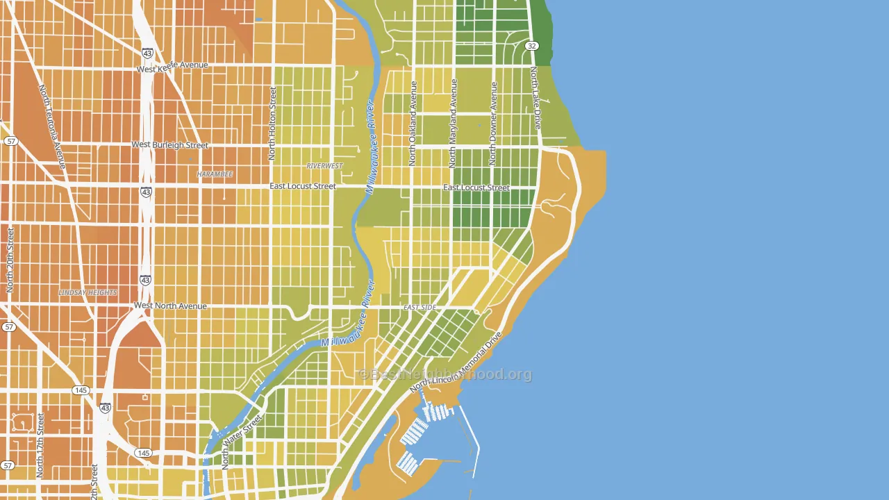 Map of the best neighborhoods in the Murray Hill, Milwaukee area, with better matches in green and worse matches in red