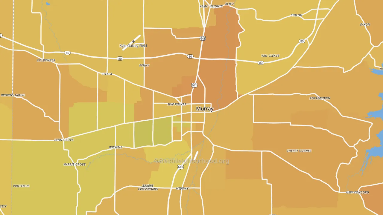 Map of the best neighborhoods in the Murray area, with better matches in green and worse matches in red