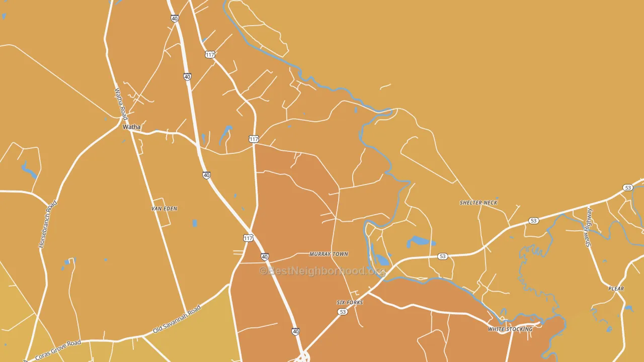 Map of the best neighborhoods in the Murray Town area, with better matches in green and worse matches in red