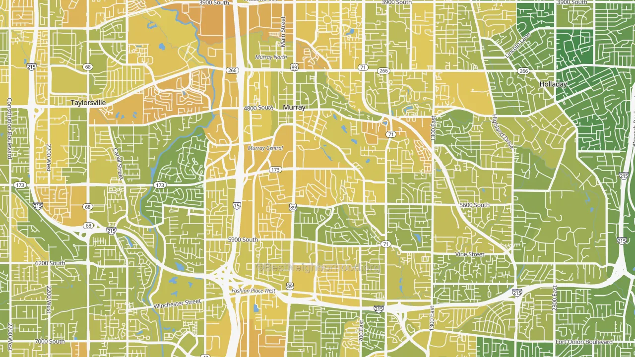 Map of the best neighborhoods in the Murray area, with better matches in green and worse matches in red