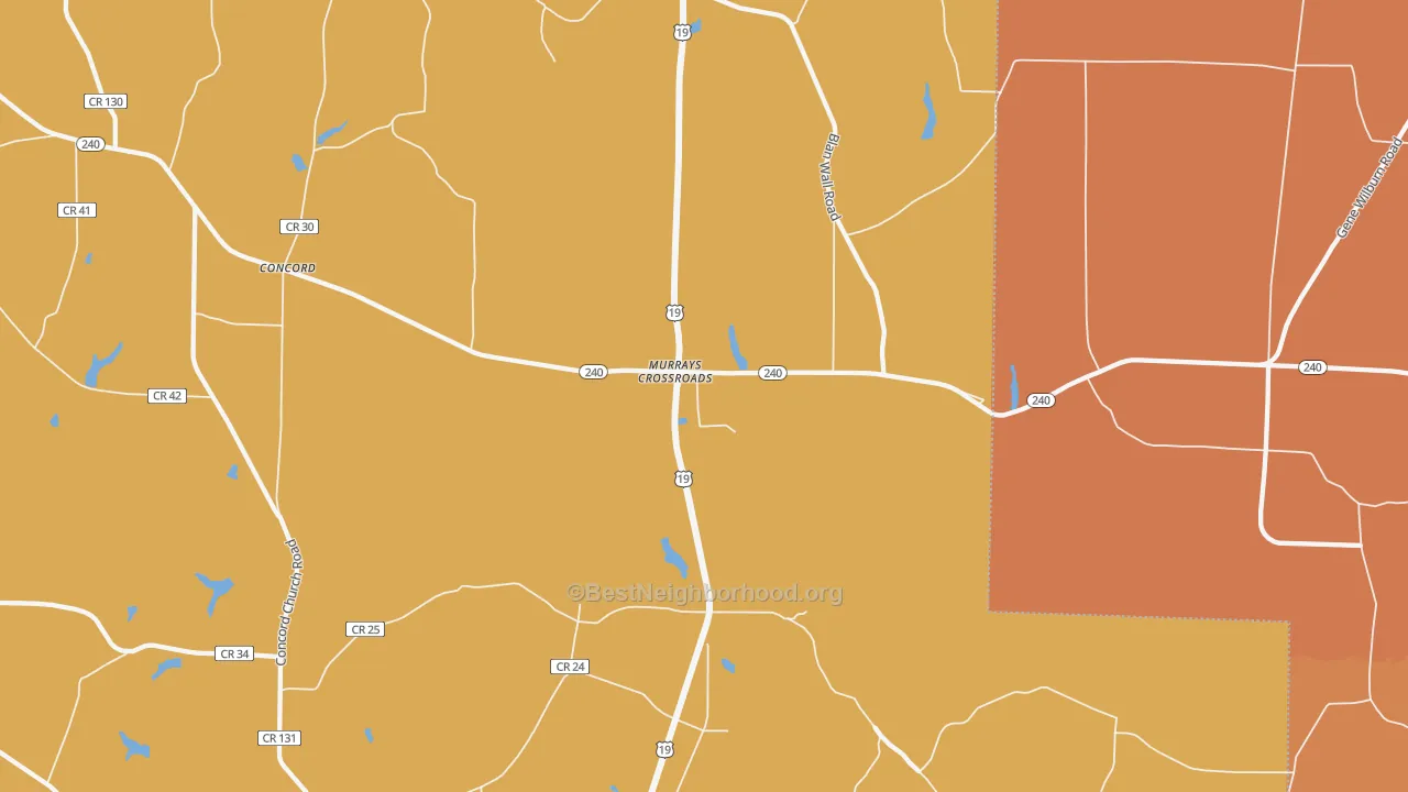 Map of the best neighborhoods in the Murrays Crossroads area, with better matches in green and worse matches in red