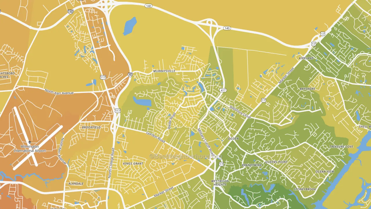 Map of the best neighborhoods in the Murraysville area, with better matches in green and worse matches in red