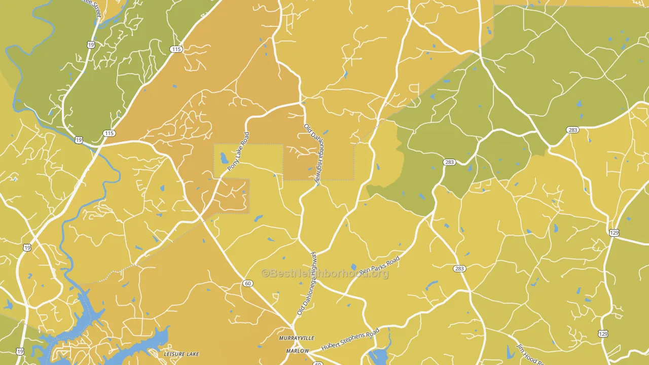 Map of the best neighborhoods in the Murrayville area, with better matches in green and worse matches in red