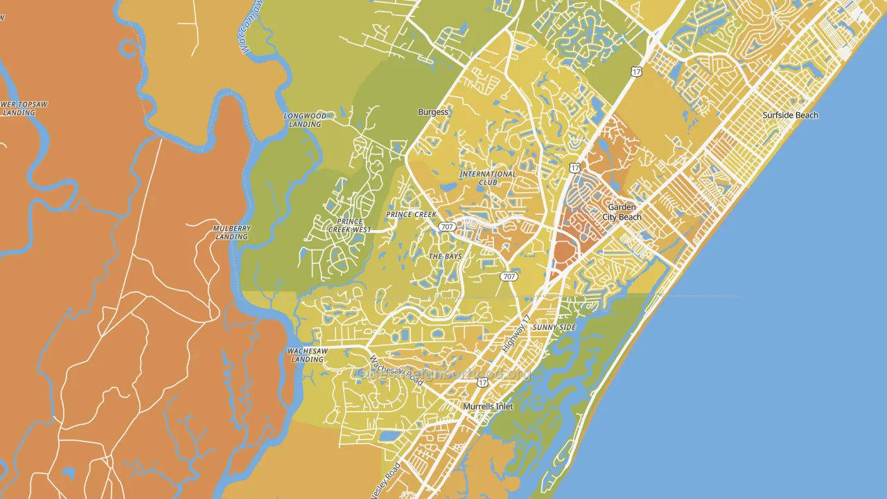 Map of the best neighborhoods in the Murrells Inlet area, with better matches in green and worse matches in red
