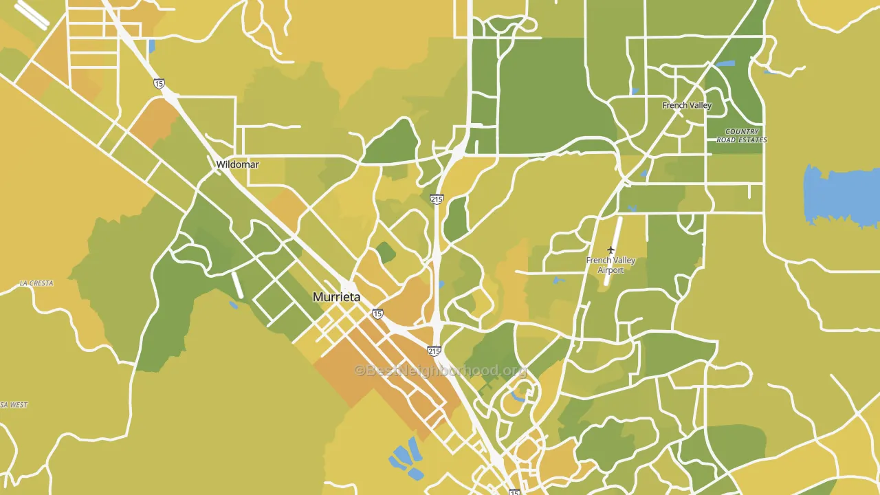 Map of the best neighborhoods in the Murrieta area, with better matches in green and worse matches in red