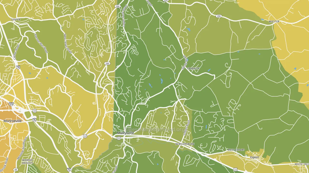 Map of the best neighborhoods in the Murrysville area, with better matches in green and worse matches in red