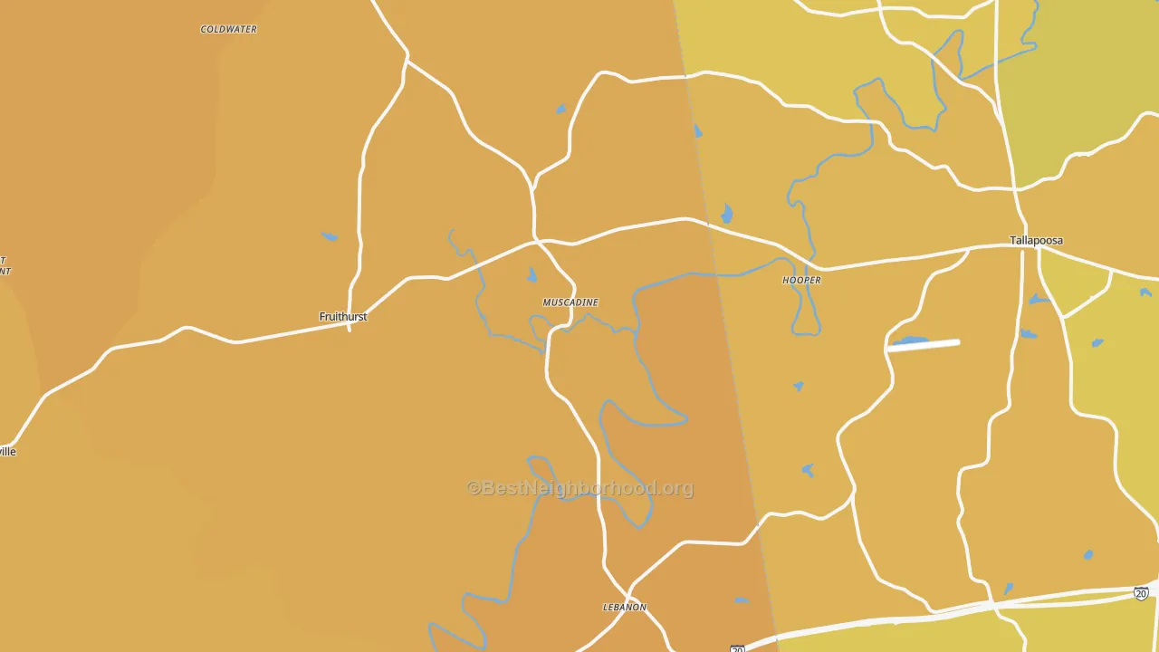 Map of the best neighborhoods in the Muscadine area, with better matches in green and worse matches in red