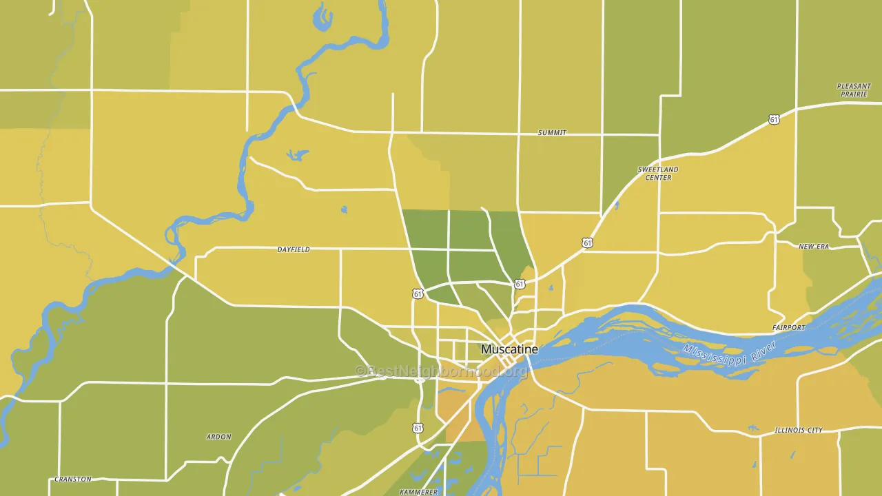 Map of the best neighborhoods in the Muscatine County area, with better matches in green and worse matches in red