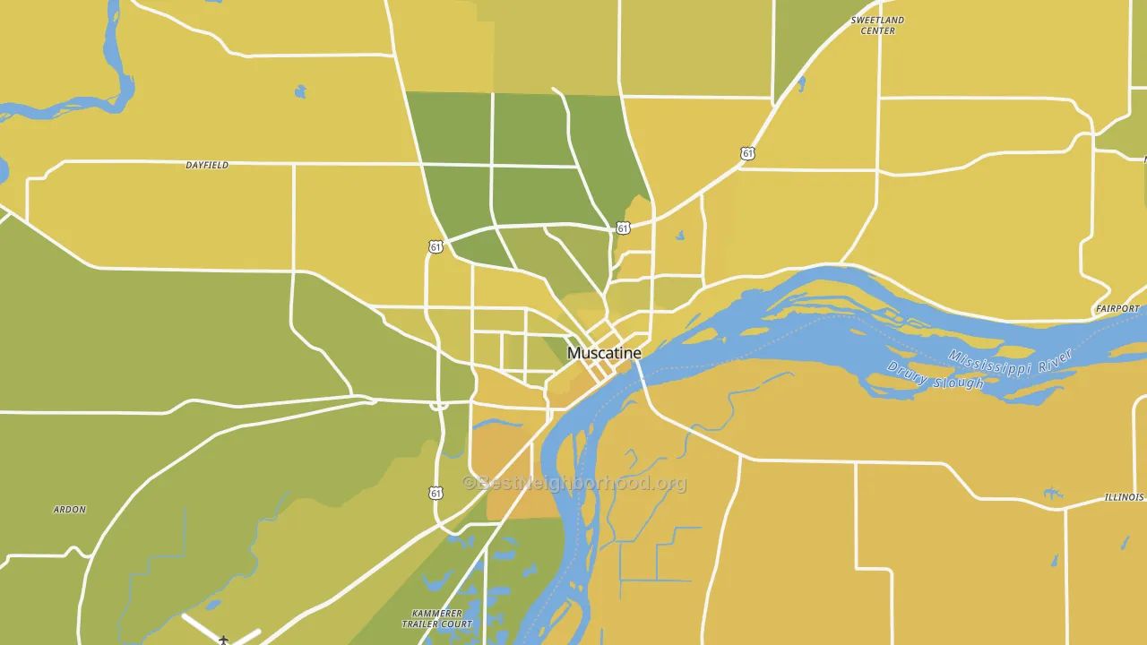 Map of the best neighborhoods in the Muscatine area, with better matches in green and worse matches in red