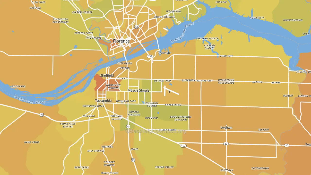 Map of the best neighborhoods in the Muscle Shoals area, with better matches in green and worse matches in red