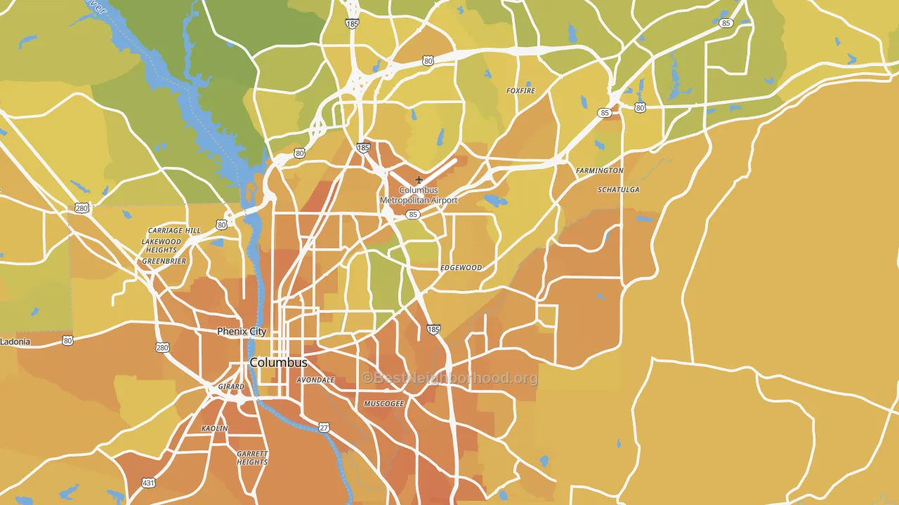 Map of the best neighborhoods in the Muscogee County area, with better matches in green and worse matches in red