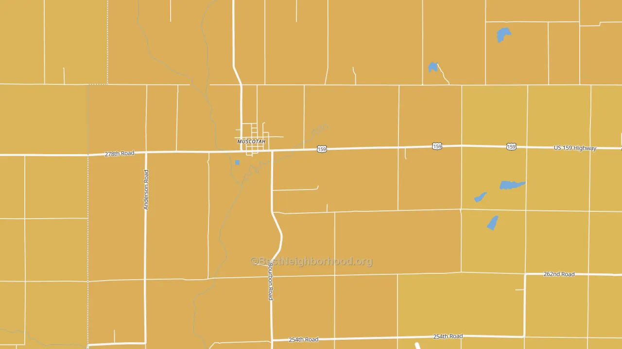 Map of the best neighborhoods in the Muscotah area, with better matches in green and worse matches in red