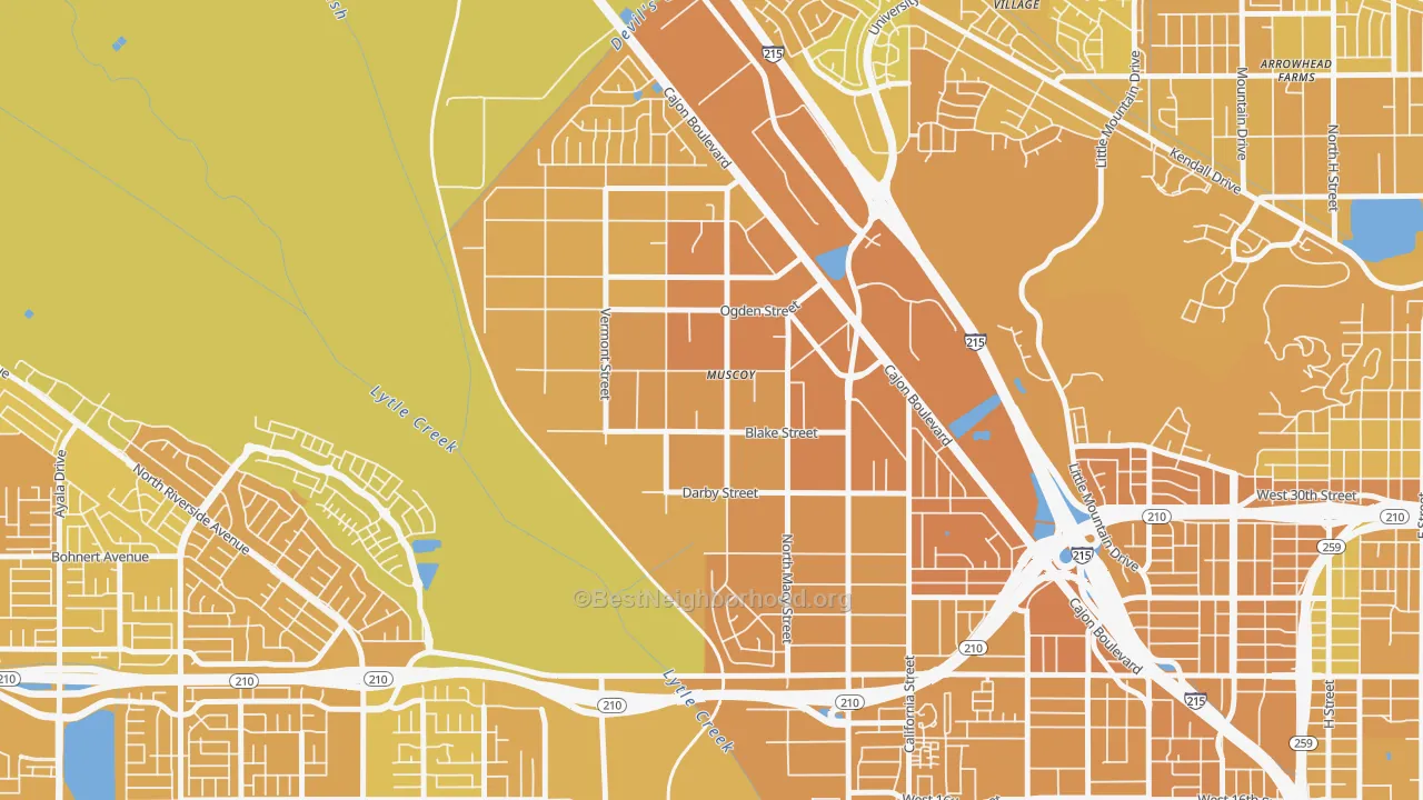 Map of the best neighborhoods in the Muscoy, San Bernardino area, with better matches in green and worse matches in red