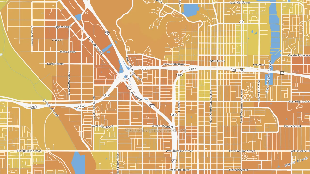 Map of the best neighborhoods in the Muscupiabe, San Bernardino area, with better matches in green and worse matches in red