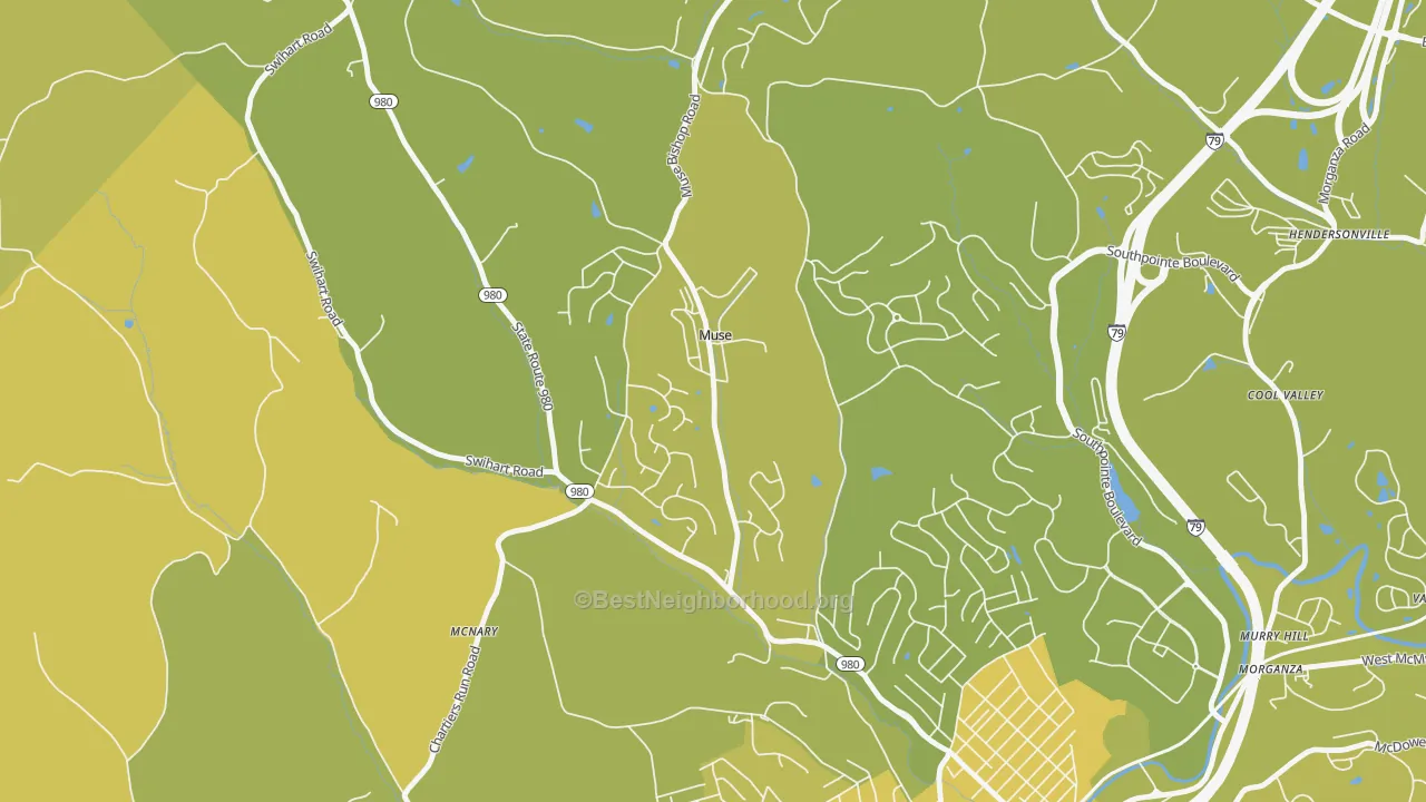 Map of the best neighborhoods in the Muse area, with better matches in green and worse matches in red