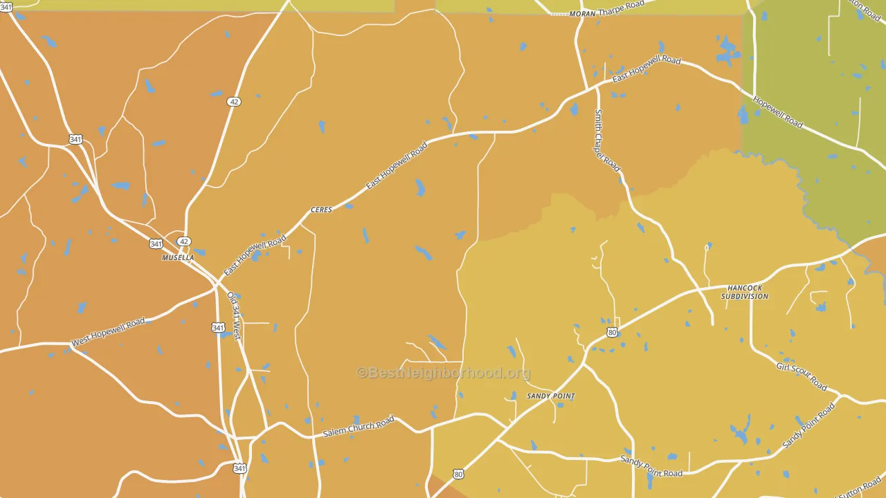 Map of the best neighborhoods in the Musella area, with better matches in green and worse matches in red