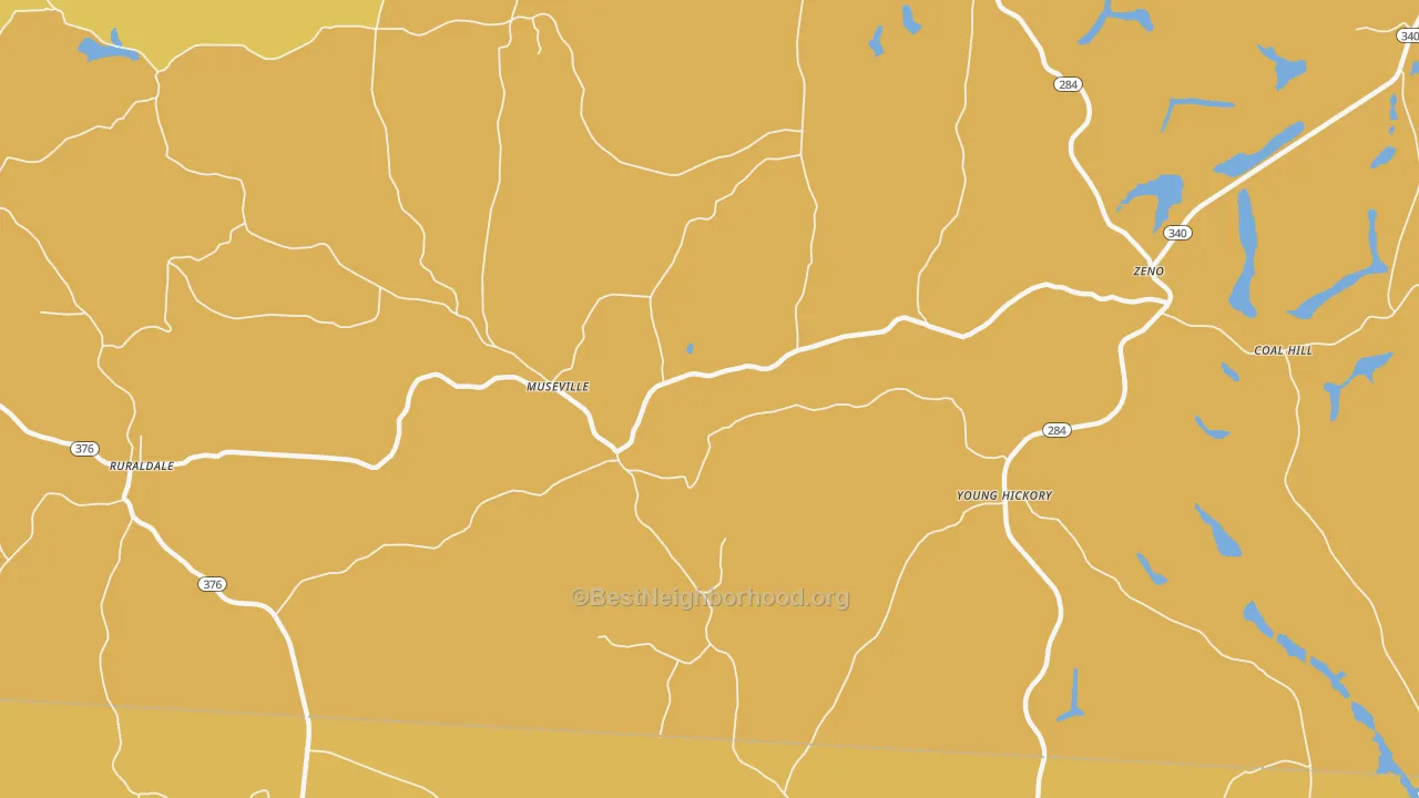 Map of the best neighborhoods in the Museville area, with better matches in green and worse matches in red