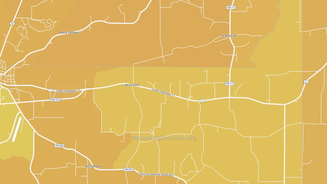 Map of the best neighborhoods in the Musgrove area, with better matches in green and worse matches in red